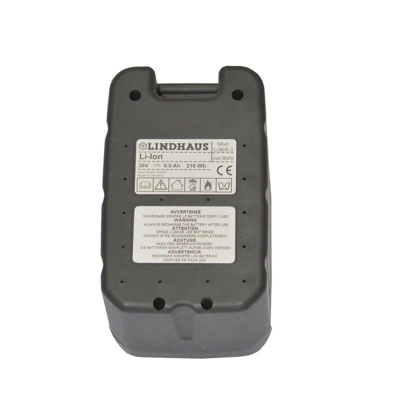 Μια ορθογώνια γκρίζα μπαταρία TASKI Lithium 36V 6Ah από την Diversey Deutschland GmbH & Co. OHG, κατάλληλη για TASKI Aero BP Lithium και TASKI swingo 150 B, με τεχνικά δεδομένα και σύμβολα πιστοποίησης σε λευκό φόντο.