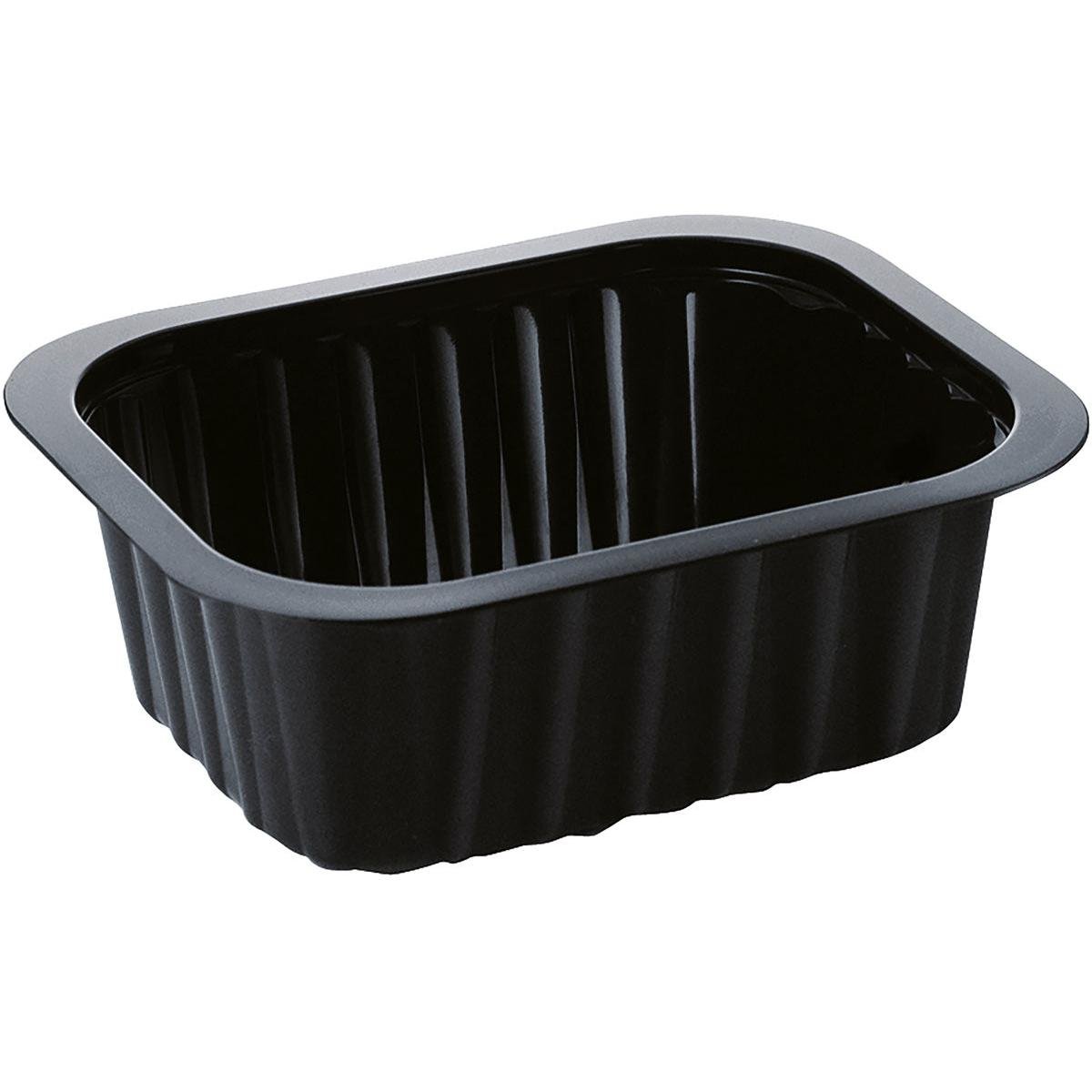 Το PP-Schälchen Schwarz PP 138x114 της Duni GmbH είναι ένας μαύρος, ορθογώνιος δίσκος φαγητού με ραβδωτές πλευρές και ελαφρώς ανυψωμένο χείλος, απεικονισμένος σε λευκό φόντο.