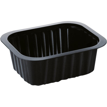 Το PP-Schälchen Schwarz PP 138x114 της Duni GmbH είναι ένας μαύρος, ορθογώνιος δίσκος φαγητού με ραβδωτές πλευρές και ελαφρώς ανυψωμένο χείλος, απεικονισμένος σε λευκό φόντο.