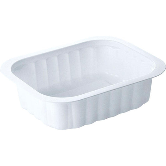 Das Duni GmbH PP-Schälchen Weiß PP 138x114 ist ein weißes, rechteckiges Speisetablett mit leicht ausgestellten Seiten und breitem Rand, abgebildet auf einem einfarbigen Hintergrund.