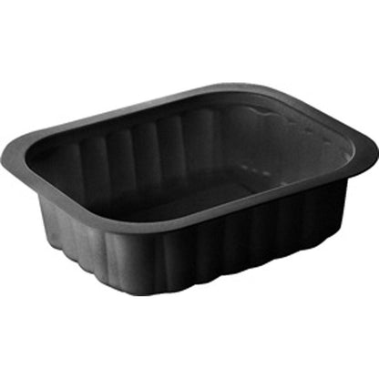 Ένα Duni GmbH PP-Schälchen Schwarz PP 138x114 με ραβδωτές πλευρές και επίπεδο χείλος, μαύρο και ορθογώνιο, απεικονισμένο σε πλάγια άποψη από πάνω μπροστά σε λευκό φόντο.