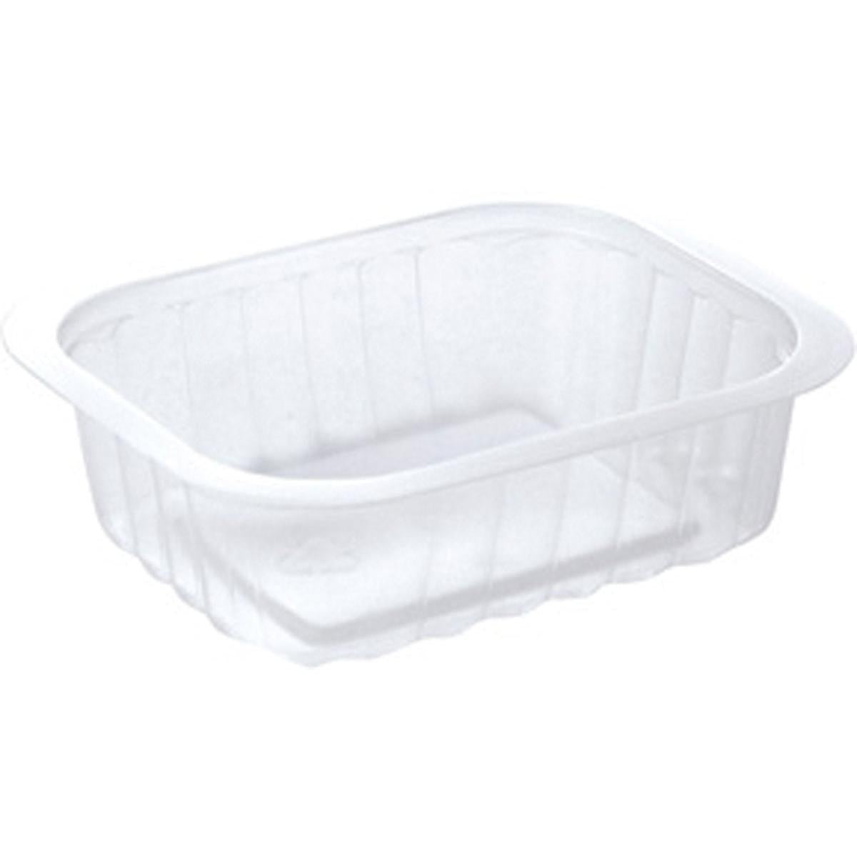 Το Duni GmbH PP-Schälchen Transparent PP 138x114 είναι ένα καθαρό, ορθογώνιο δοχείο τροφίμων με ελαφρώς στρογγυλεμένες γωνίες και αυλακωτές πλευρές, απεικονισμένο κενό σε λευκό φόντο.