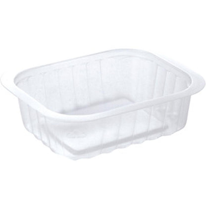 Το Duni GmbH PP-Schälchen Transparent PP 138x114 είναι ένα καθαρό, ορθογώνιο δοχείο τροφίμων με ελαφρώς στρογγυλεμένες γωνίες και αυλακωτές πλευρές, απεικονισμένο κενό σε λευκό φόντο.