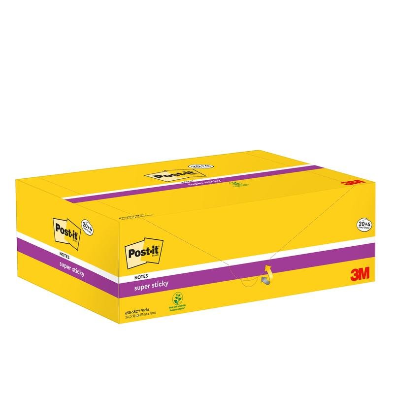 Ένα κίτρινο κουτί με 3M Post-it® Super Sticky Notes, κίτρινο, 76x127mm, 90 φύλλα ανά μπλοκ, 24 μπλοκ ανά συσκευασία (πιστοποιημένο από το PEFC), δείχνει το λογότυπο της μάρκας και την εικόνα του προϊόντος στη συσκευασία από χαρτόνι.