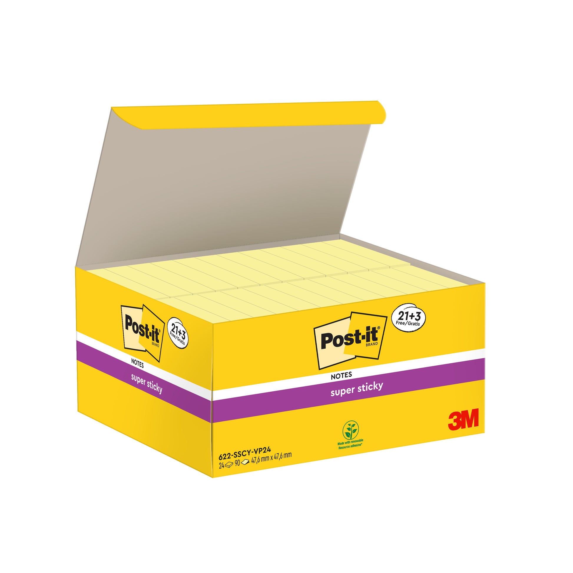 Eine Packung Post-it® Super Sticky Notes, Gelb, 47,6 x 47,6 mm von 3M Deutschland GmbH ist geöffnet und zeigt gestapelte Notizblöcke. Die gelbe Verpackung zeigt das Post-it- und das 3M-Logo. Enthält 21 Blöcke + 3 kostenlose, PEFC-zertifiziert.