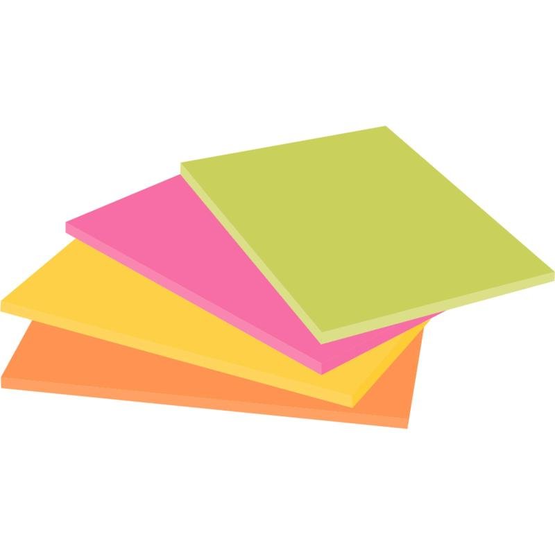Μια στοίβα από τέσσερα επικαλυπτόμενα Post-it® Super Sticky Notes στα χρώματα πορτοκαλί, κίτρινο, ροζ και ανοιχτό πράσινο της 3M Deutschland GmbH (μεγάλου μεγέθους, 45 φύλλα/μπλοκ, 100% PEFC) παρατηρείται από χαμηλή γωνία.