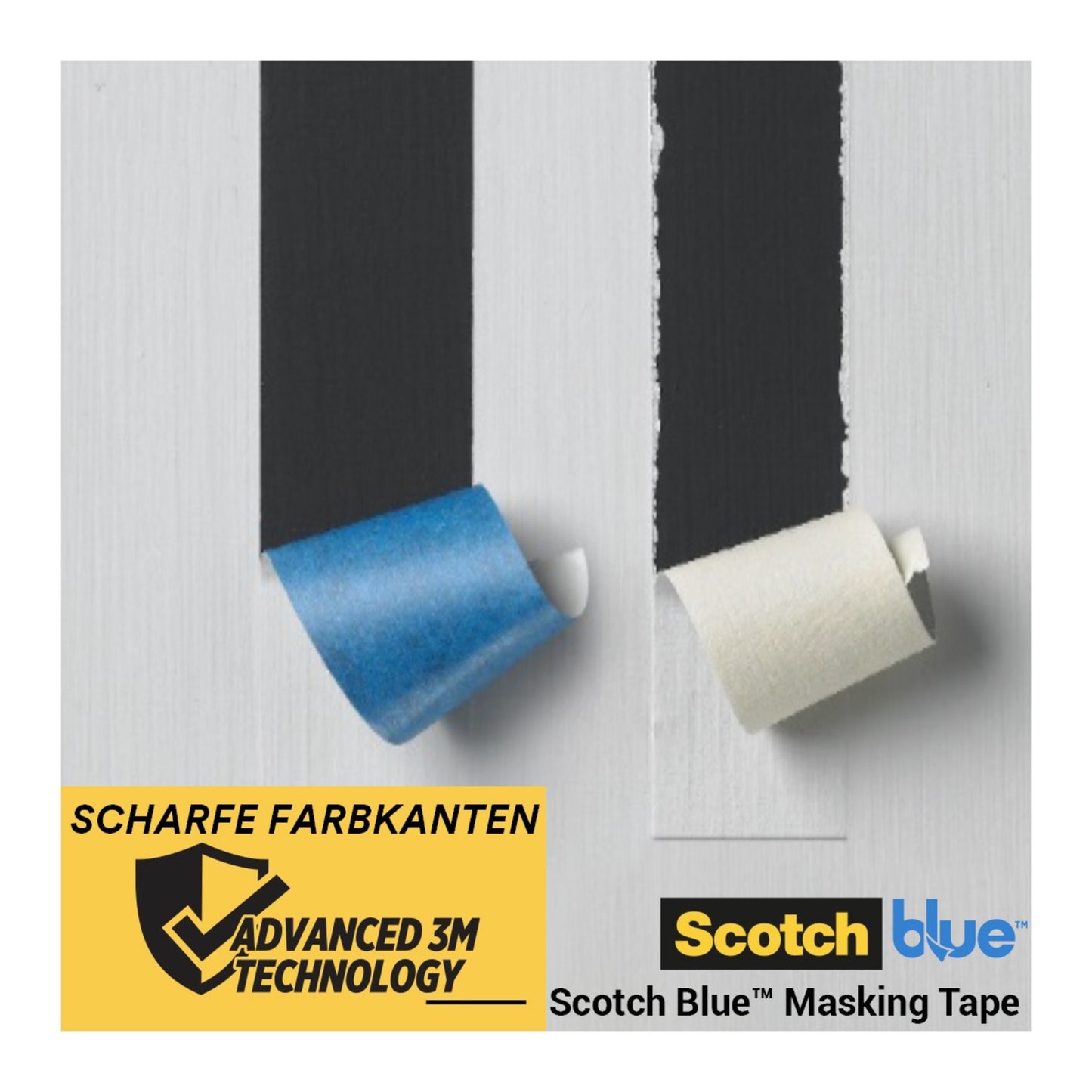 Streifen von blauem und weißem Abdeckband werden von einer lackierten Oberfläche abgezogen, wobei saubere Lacklinien zum Vorschein kommen. Das Bild zeigt Logos und Text für ScotchBlue™ Malerabdeckband für scharfe Linien von 3M Deutschland GmbH.