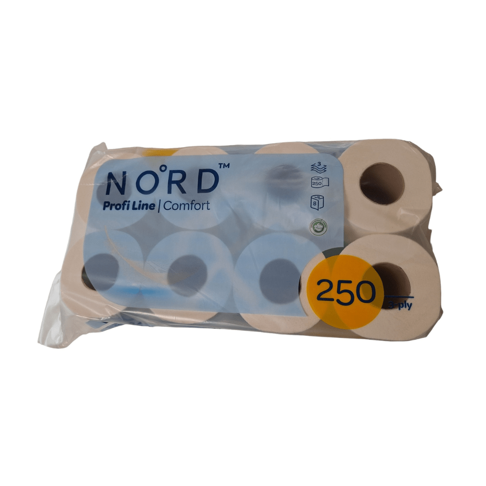 Μια συσκευασία τυλιγμένη σε πλαστικό με οκτώ ρολά "χαρτί υγείας" της CUP UP d.o.o., τριών στρώσεων με 250 φύλλα ανά ρολό, από κυτταρίνη. Λευκή και μπλε συσκευασία· διαθέσιμη ως κουτί με 8 συσκευασίες.