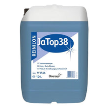Ένα δοχείο 10 λίτρων Reinilon Ja-Top 38 Καθαριστικό Βιομηχανίας από την Diversey Deutschland GmbH & Co. OHG χαρακτηρίζεται από ένα μπλε υγρό, μια φιλική προς το περιβάλλον φόρμουλα και μια ετικέτα με πληροφορίες προϊόντος και έναν γραμμωτό κώδικα στην μπροστινή πλευρά.
