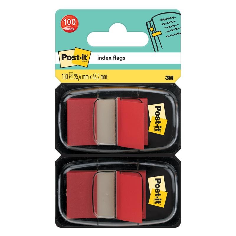 Μια συσκευασία Post-it® Index Haftstreifen της 3M Deutschland GmbH περιέχει ανά διανομέα 50 τυπικές σημαίες με διαστάσεις 25,4 mm x 43,2 mm.