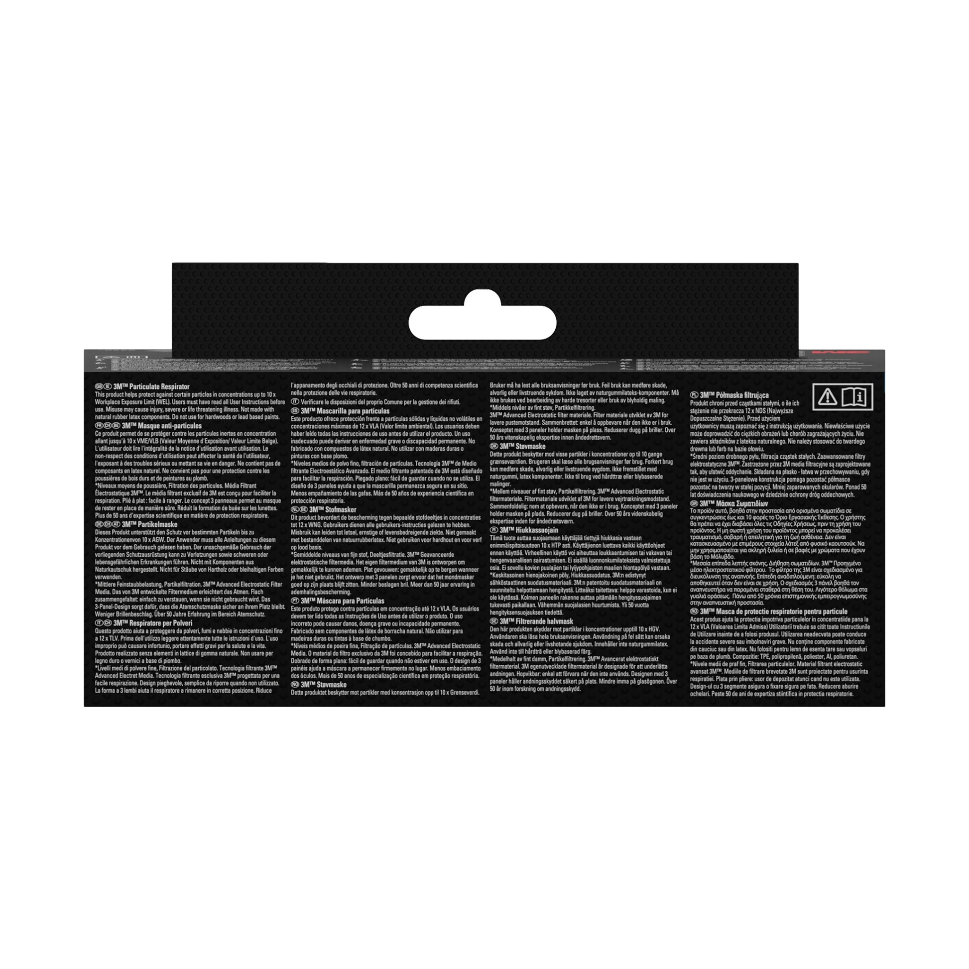 Die Abbildung zeigt die Rückseite einer 3M™ Cool Flow™ Partikelmaske 8833, FFP3, mit Ventil (2er-Packung) von 3M Deutschland GmbH. Die schwarze Verpackung hat Spalten mit kleinem weißen Text mit Produktinformationen und Anweisungen in mehreren Sprachen.