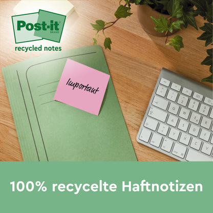 Ein rosafarbener Post-it® Recycling-Zettel (76 x 76 mm, 100 Blatt, 100% PEFC) der 3M Deutschland GmbH mit der Aufschrift "Wichtig" ist neben einer Tastatur und einer Pflanze an einem grünen Ordner befestigt. Auf dem Zettel steht "100% recycelte Haftnotizen.