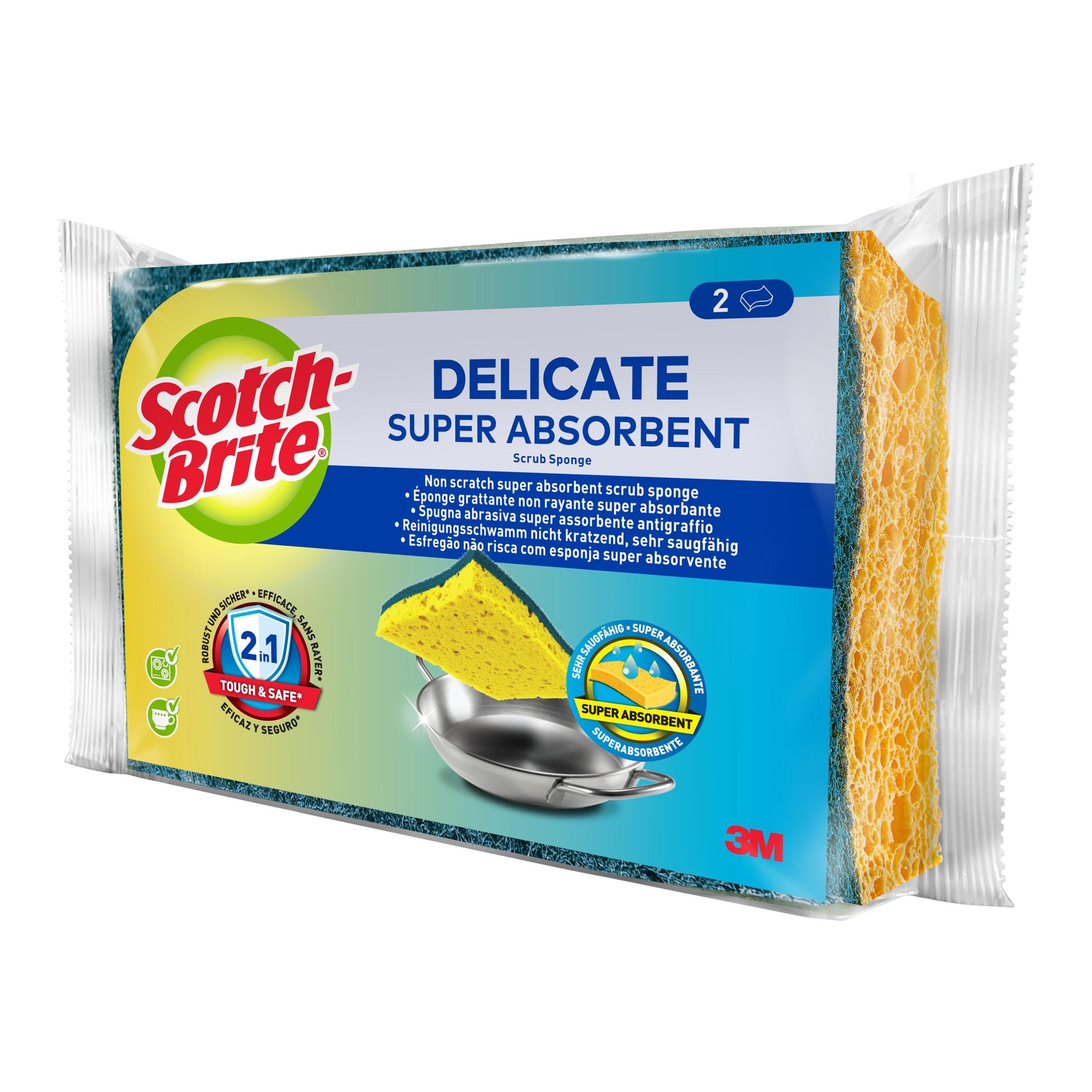 Eine Packung mit 2 Scotch-Brite® Delicate kratzfreien Naturfaser-Reinigungsschwämmen von 3M Deutschland GmbH, die für eine schonende Reinigung entwickelt wurden.