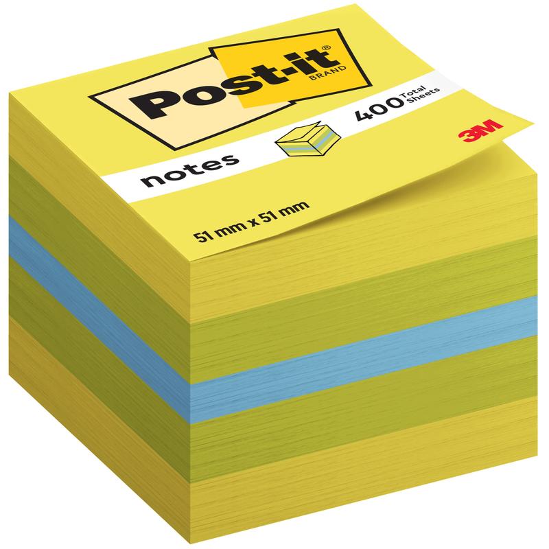 Ο Post-it® Notes Mini Würfel από την 3M Deutschland GmbH προσφέρει 400 κίτρινα και μπλε φύλλα (51 x 51 mm, 100% PEFC) ανά μπλοκ. Η συσκευασία είναι διακοσμημένη με το λογότυπο Post-it® και το λογότυπο 3M.