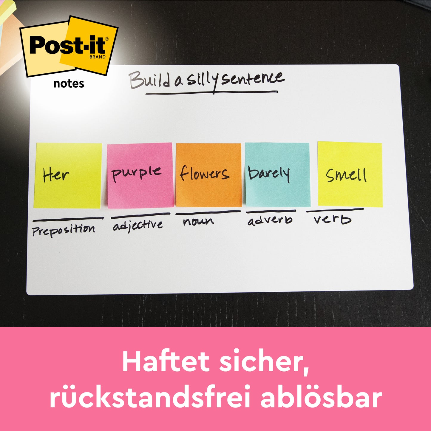 Ein Whiteboard zeigt 3M Post-it® Notes, Energetic Collection (76 × 127 mm), in fünf Farben, beschriftet mit dem PEFC-zertifizierten Logo und deutschem Text darunter; das Produkt ist 100% PEFC, SGSCH-PEFC-COC-110078.