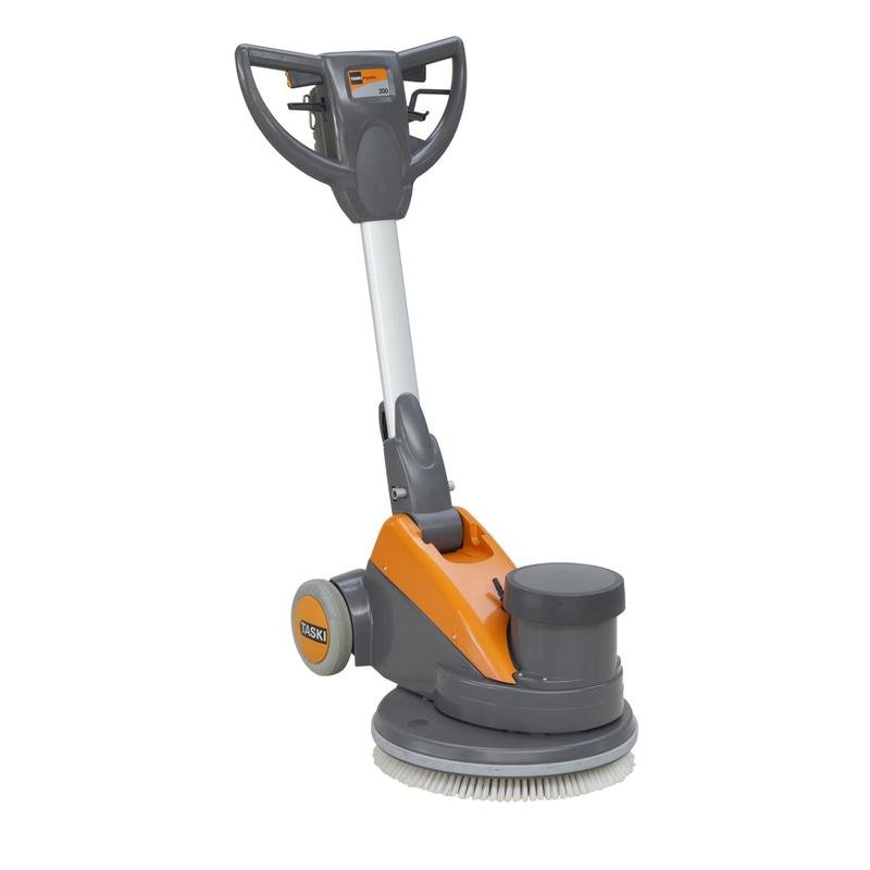 Η TASKI ergodisc 200 από την Diversey Deutschland GmbH & Co. OHG, μια οικονομικά αποδοτική μηχανή σκούπας με χαμηλή ταχύτητα περιστροφής (200 στροφές/λεπτό) για όλες τις βασικές εργασίες καθαρισμού, απεικονίζεται σε γκρι και πορτοκαλί χρώματα με χειριστήρια και τροχούς σε λευκό φόντο.