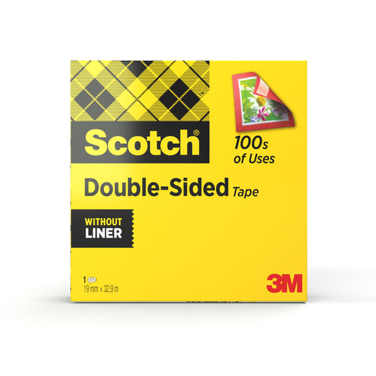 Die gelbe Schachtel Scotch® doppelseitiges Klebeband, 1 Rolle, 19 mm x 33 m von 3M Deutschland GmbH ist kariert, mit "100s of Uses" und einer Briefmarkenabbildung versehen. Ideal für Bastelbedarf, das Band ist trägerlos.