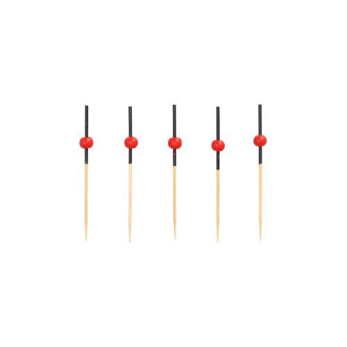 Πέντε PAPSTAR 250 Fingerfood - Picker της PAPSTAR GmbH, από ξύλο με μαύρα καλύμματα και κόκκινες χάντρες, τοποθετημένα κάθετα σε σειρά μπροστά από λευκό φόντο.