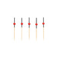 Πέντε PAPSTAR 250 Fingerfood - Picker της PAPSTAR GmbH, από ξύλο με μαύρα καλύμματα και κόκκινες χάντρες, τοποθετημένα κάθετα σε σειρά μπροστά από λευκό φόντο.
