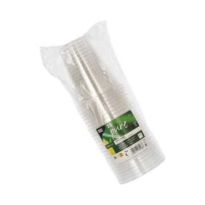 Μια σφραγισμένη πλαστική συσκευασία περιέχει 25 PAPSTAR «pure» διάφανα ποτήρια PLA για κρύα ποτά με αφρώδη άκρη, που στέκονται όρθια με μια πράσινο-λευκή ετικέτα με λεπτομέρειες προϊόντος της PAPSTAR GmbH σε απλό λευκό φόντο.