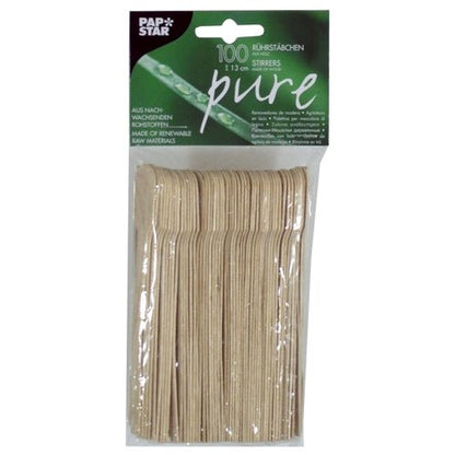 Μια συσκευασία με 100 PAPSTAR ξύλινα αναδευτήρια "pure" (13 εκ.), φιλικά προς το περιβάλλον και σταθερά, σε σακούλα της PAPSTAR GmbH - στοιβαγμένα και συσκευασμένα σε διαφανές φύλλο με πράσινη-μαύρη ετικέτα.