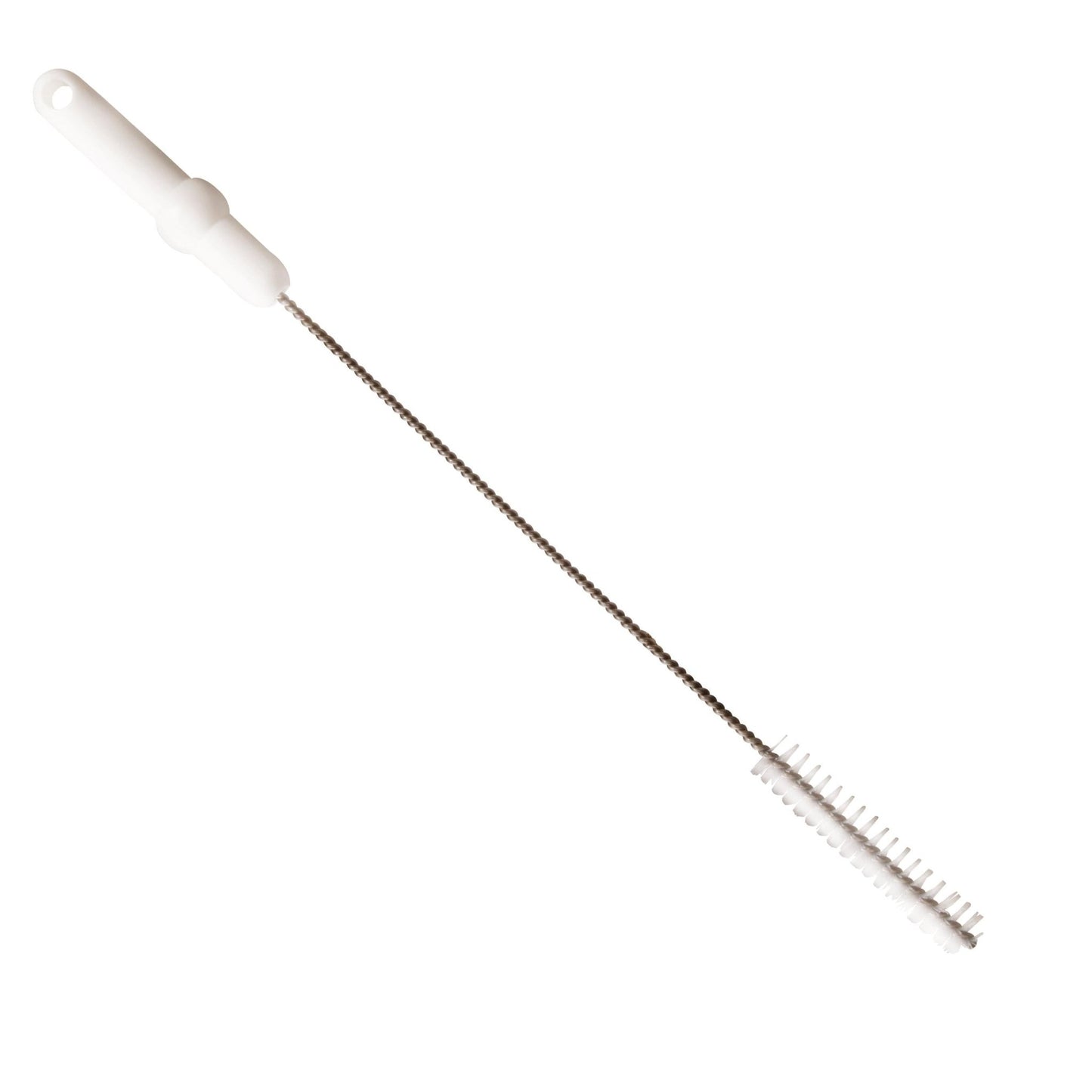 Η Haug Bürsten KG Rohrbürste με V2A ανοξείδωτο σύρμα, PP/PBT σκληρό 500 x Ø20 mm σε λευκό είναι ιδανική για επαγγελματικό καθαρισμό σωλήνων. Διαθέτει μακρύ ανοξείδωτο στέλεχος με λευκές τρίχες, που απεικονίζονται σε ένα μονόχρωμο φόντο.