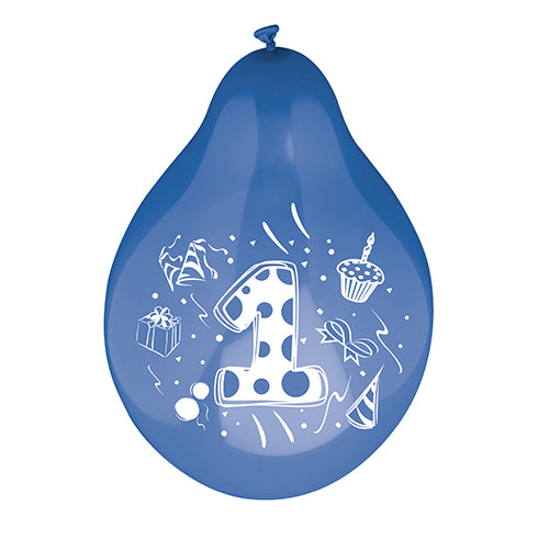 Ένα μπαλόνι αριθμών (Ø 25 cm, σε διάφορα χρώματα) της εταιρείας PAPSTAR GmbH εμφανίζει στη μέση έναν μεγάλο λευκό αριθμό ένα, τονισμένο από πολύχρωμες εικόνες ενός δώρου, ενός cupcake, ενός καπέλου πάρτι, κονφετί και κορδέλες.