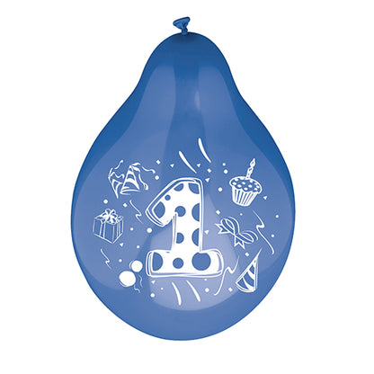 Ένα μπαλόνι αριθμών (Ø 25 cm, σε διάφορα χρώματα) της εταιρείας PAPSTAR GmbH εμφανίζει στη μέση έναν μεγάλο λευκό αριθμό ένα, τονισμένο από πολύχρωμες εικόνες ενός δώρου, ενός cupcake, ενός καπέλου πάρτι, κονφετί και κορδέλες.