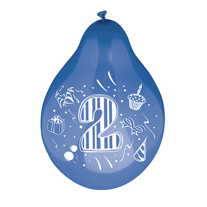 Ένα μπαλόνι αριθμού της εταιρείας PAPSTAR GmbH (Ø 25 cm, σε διάφορα χρώματα) με έναν μεγάλο λευκό αριθμό «2» και πολύχρωμες εικονογραφήσεις cupcake, καπέλου πάρτι, κουτιού δώρου και κονφετί.