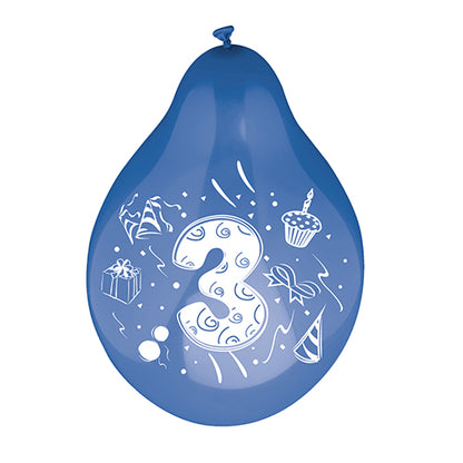 Ένα PAPSTAR 6 μπαλόνια αριθμών Ø 25 cm της εταιρείας PAPSTAR GmbH, αποτελούμενο από ένα μπλε μπαλόνι με έναν μεγάλο λευκό αριθμό 3 καθώς και πολύχρωμες εικόνες ενός δώρου, ενός καπέλου πάρτι, ενός cupcake και κονφετί.