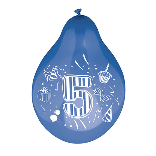 Ένα PAPSTAR 6 μπαλόνι αριθμών Ø 25 cm πολύχρωμα ταξινομημένο από την PAPSTAR GmbH δείχνει έναν μεγάλο ριγέ αριθμό 5, περιτριγυρισμένο από σχέδια ενός κουτιού δώρου, ενός καπέλου πάρτι, ενός cupcake με κερί, κομφετί και μικρών σχημάτων.