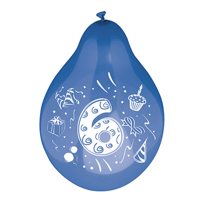 Το μπαλόνι αριθμών (Ø 25 cm, πολύχρωμα ταξινομημένα) της PAPSTAR GmbH αποτελείται από έναν μεγάλο λευκό αριθμό έξι με εορταστικά μοτίβα όπως κουτί δώρου, καπέλο πάρτι, cupcake με κερί και σερπαντίνες.