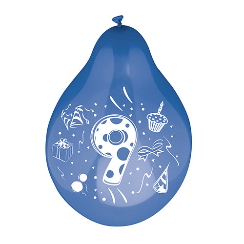 Ένα μπαλόνι αριθμών (6άδα, Ø 25 cm, πολύχρωμα ταξινομημένα) της PAPSTAR GmbH με τον λευκό αριθμό 9, περιτριγυρισμένο από εικόνες ενός δώρου, ενός καπέλου πάρτι, μιας τούρτας γενεθλίων, ενός cupcake με κερί, μιας κορδέλας και κομφετί.