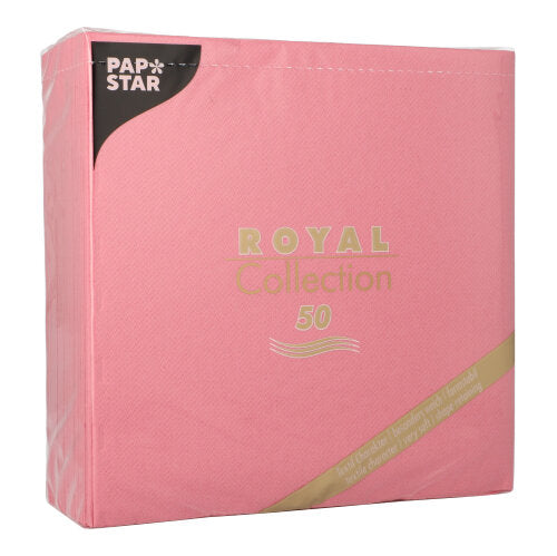 Ein 50er-Pack PAPSTAR GmbH "ROYAL Collection" Servietten (1/4-Faltung, 40x40 cm) in Rosa, mit hellrosa Verpackung und goldenen, weißen und schwarzen Akzenten, die die Marke hervorheben.