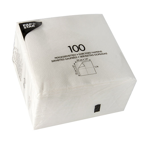 Eine versiegelte, transparente Packung enthält 1200 weiße PAPSTAR Servietten 1-lagig (33x33 cm), ideal für Feste, von PAPSTAR GmbH. Produktinformation und Abmessungen sind auf der Verpackung aufgedruckt.