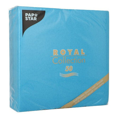 Μια σαφώς διατυπωμένη PAPSTAR GmbH 50 χαρτοπετσέτες «ROYAL Collection» με πτύχωση 1/4, 40 x 40 εκ., τυρκουάζ συσκευασία με ασημί και χρυσά γράμματα.
