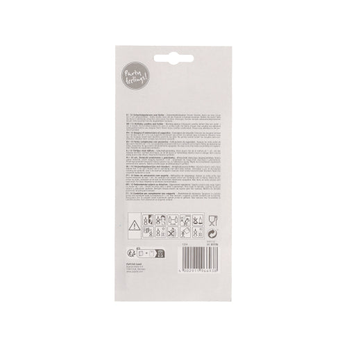 Η πίσω πλευρά μιας συσκευασίας με PAPSTAR GmbH γενέθλια κεριά 10 cm, πολύχρωμα με βάση (12 τεμάχια) δείχνει πολυγλωσσικές οδηγίες φροντίδας, σύμβολα προειδοποίησης, εικονογράμματα, έναν γραμμωτό κώδικα και μια ετικέτα "Party Edition!" - ιδανικά για κάθε πάρτι γενεθλίων.