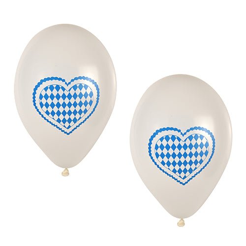 Δύο PAPSTAR μπαλόνια "Bayrisch Blau" (Ø 25 cm) της PAPSTAR GmbH με κλασική μπλε-λευκή καρδιά με ρόμβους απεικονίζονται το ένα δίπλα στο άλλο - μια ιδανική διακόσμηση για το Oktoberfest από το πακέτο πάρτι 20 τεμαχίων.