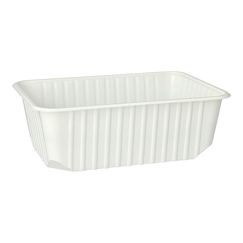 Το Starpak 50 Verpackungsbecher είναι ένας λευκός, ορθογώνιος δοχείο αποθήκευσης PP 1 λίτρου (6,3 × 18,6 × 13,3 cm) με κάθετες πλευρικές ραβδώσεις και στρογγυλεμένες γωνίες, διαθέσιμο σε συσκευασία των 50 τεμαχίων, απεικονίζεται μπροστά από λευκό φόντο.