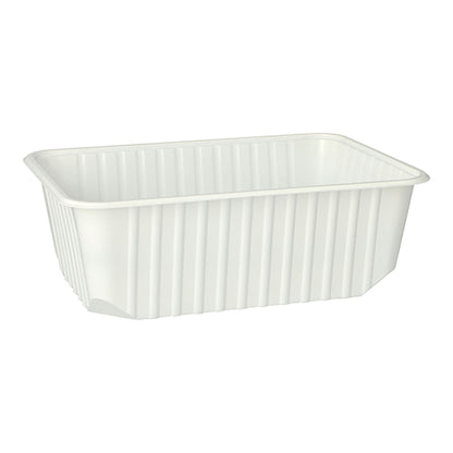 Το Starpak 50 Verpackungsbecher είναι ένας λευκός, ορθογώνιος δοχείο αποθήκευσης PP 1 λίτρου (6,3 × 18,6 × 13,3 cm) με κάθετες πλευρικές ραβδώσεις και στρογγυλεμένες γωνίες, διαθέσιμο σε συσκευασία των 50 τεμαχίων, απεικονίζεται μπροστά από λευκό φόντο.