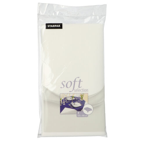In einer durchsichtigen Plastikverpackung befindet sich eine gefaltete weiße Starpak-Tischdecke, stoffähnlich Vlies „Soft Selection“, Größe 120 cm x 180 cm, mit der Abbildung eines gedeckten Esstisches auf der Vorderseite.
