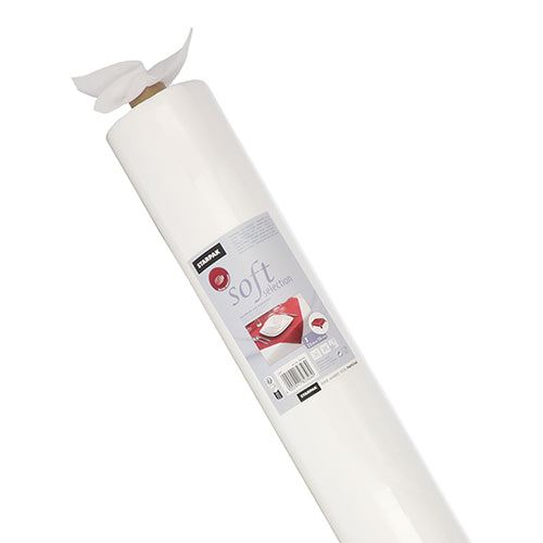 Απεικονίζεται ένα μεγάλο λευκό ρολό τραπεζομάντιλου Starpak, όμοιο με ύφασμα, ύφασμα "Soft Selection" με μια ετικέτα "Soft Selection" με ένα σιδερώστρα, τοποθετημένο διαγώνια σε ένα απλό λευκό φόντο.