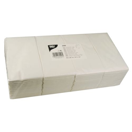 Μια στοίβα διπλωμένων λευκών PAPSTAR GmbH χαρτοπετσετών 1/8-πτυχή, 40x40 εκ., 2-στρώσεων (250 κομμάτια), συσκευασμένων σε διαφανές πλαστικό με λευκή ετικέτα με πληροφορίες προϊόντος και γραμμωτό κώδικα.
