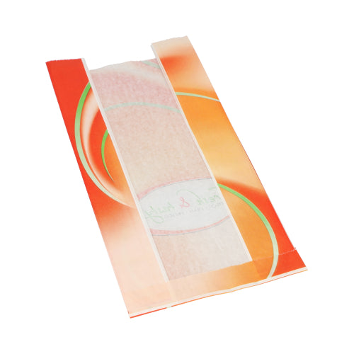 Ένα λευκό σακουλάκι Starpak με παράθυρο "Fresh & Tasty" (33 x 16 x 8,7 cm) με πορτοκαλοκίτρινο σχέδιο δείχνει το περιεχόμενό του μέσω ενός κεντρικού διαφανούς παραθύρου. Η συσκευασία περιέχει 1000 σακουλάκια σε συρρικνωμένο φιλμ.