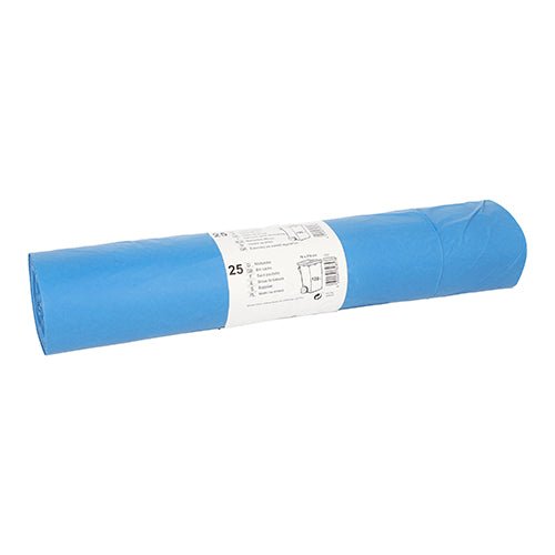 Ένας ρόλος Starpak 25 σακούλες απορριμμάτων, LDPE 120 l (110 cm x 70 cm) σε μπλε, με μια λευκή ετικέτα στη μέση, που περιέχει πληροφορίες προϊόντος και προδιαγραφές.