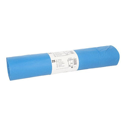 Ένας ρόλος Starpak 25 σακούλες απορριμμάτων, LDPE 120 l (110 cm x 70 cm) σε μπλε, με μια λευκή ετικέτα στη μέση, που περιέχει πληροφορίες προϊόντος και προδιαγραφές.