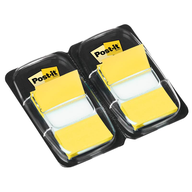 Δύο συσκευασίες 3M Post-it® Index Haftstreifen, Standard (25,4 mm x 43,2 mm, 50 κομμάτια ανά διανομέα), παραδίδονται σε μαύρη πλαστική θήκη, η καθεμία με ορθογώνια, έτοιμα προς χρήση αυτοκόλλητα.
