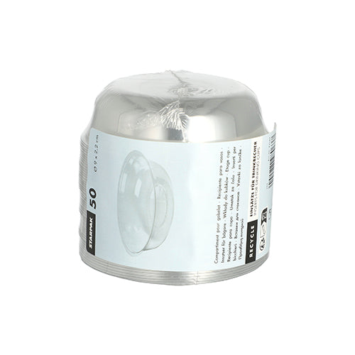 Μια στοίβα με 50 στρογγυλές εισαγωγές Starpak PET "Hurricane" (Ø 9 εκ., 2,2 εκ.) σε διαυγές φύλλο με λευκή ετικέτα. Ιδανικό ως μιας χρήσης ή εισαγωγές PET για πολλές περιστάσεις. Μάρκα: Starpak.