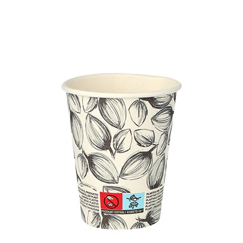 Το ποτήρι Starpak 40 "Leaves" To Go (0,2 l, 8 cm Ø, 9,1 cm ύψος) εντυπωσιάζει με ένα ασπρόμαυρο μοτίβο φύλλων με προειδοποιητικά σύμβολα και κείμενο στον πάτο μπροστά σε λευκό φόντο. Περιέχει 40 χάρτινα ποτήρια μιας χρήσης.