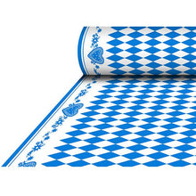 Το τραπεζομάντηλο PAPSTAR Airlaid, Bayrisch Blau (25 m x 1,18 m), εμφανίζει ένα μπλε-λευκό μοτίβο με μπλε καρδιές και λουλούδια στις μπορντούρες· παραδίδεται σε ρολό σε συσκευασία συρρίκνωσης από την PAPSTAR GmbH.